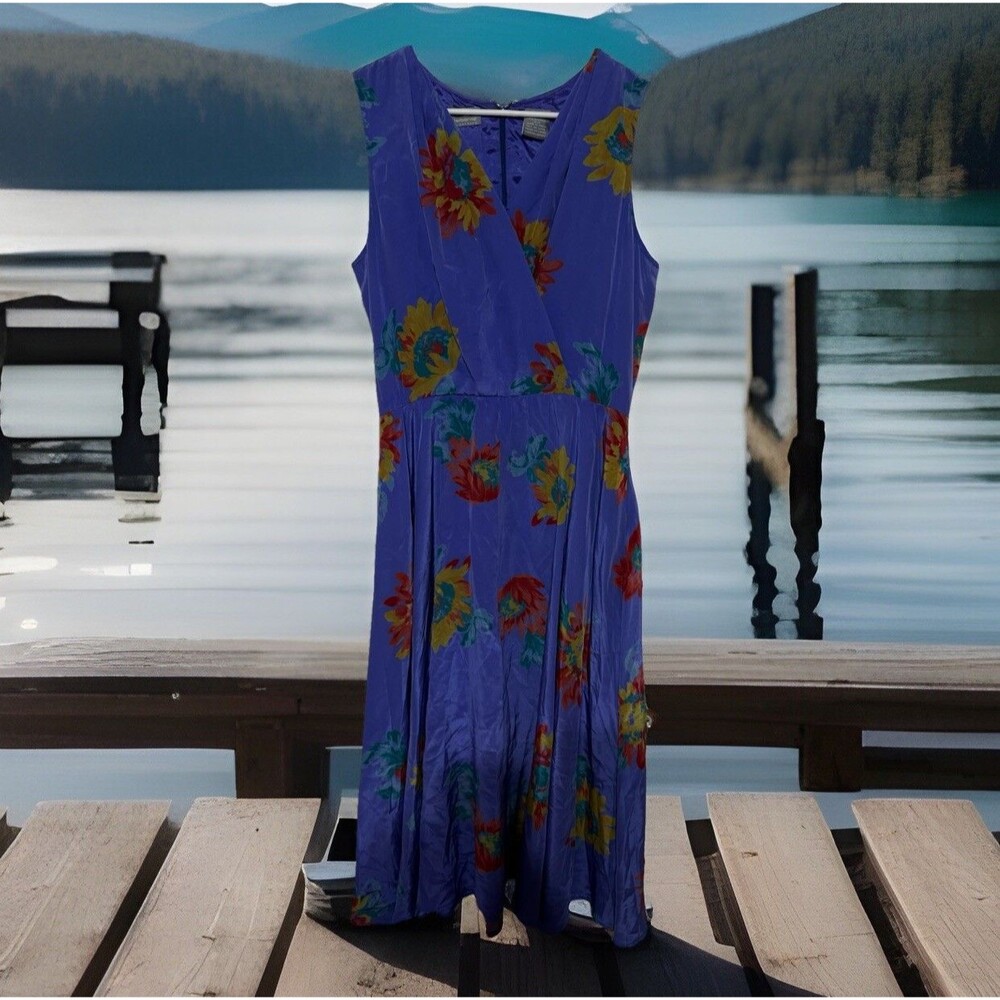 VTG ChicLiz Claiborne Dress Womens 14P Floral Cottagecore 100%Silk Made In Korea